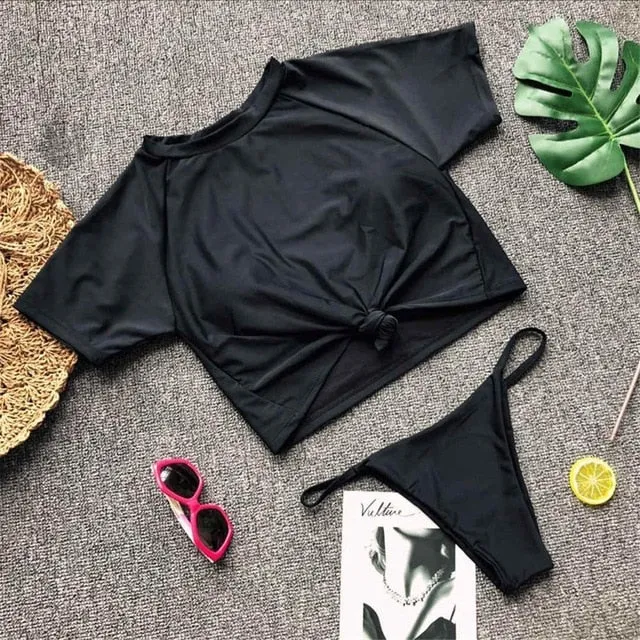Two Color Contrast Sleeved Sexy High Cut Sport Bikini