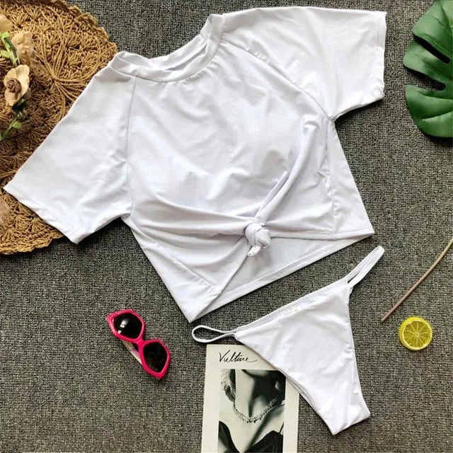 Two Color Contrast Sleeved Sexy High Cut Sport Bikini