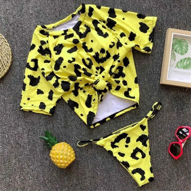 Two Color Contrast Sleeved Sexy High Cut Sport Bikini