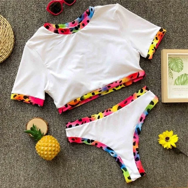 Two Color Contrast Sleeved Sexy High Cut Sport Bikini