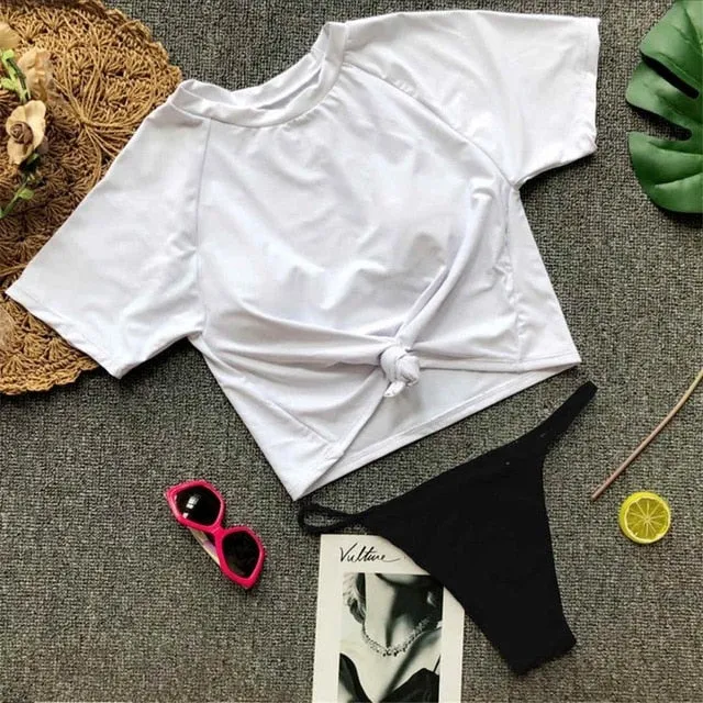 Two Color Contrast Sleeved Sexy High Cut Sport Bikini