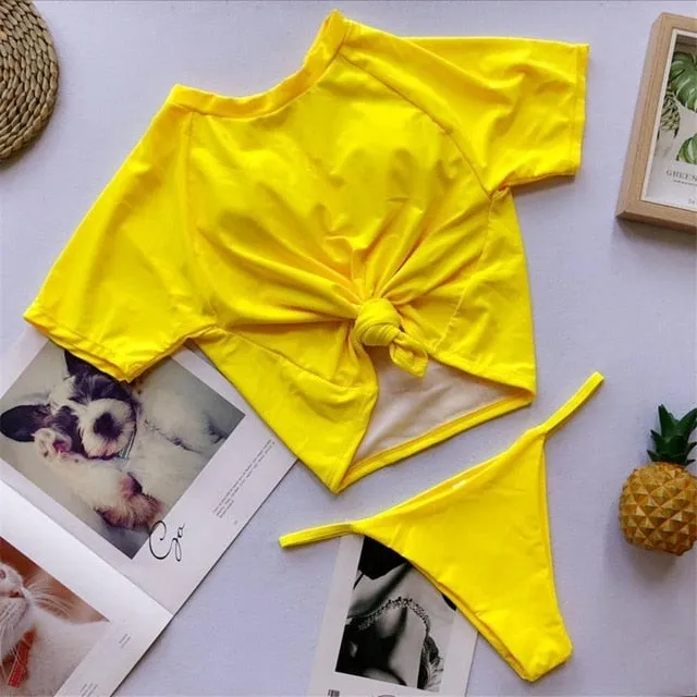 Two Color Contrast Sleeved Sexy High Cut Sport Bikini