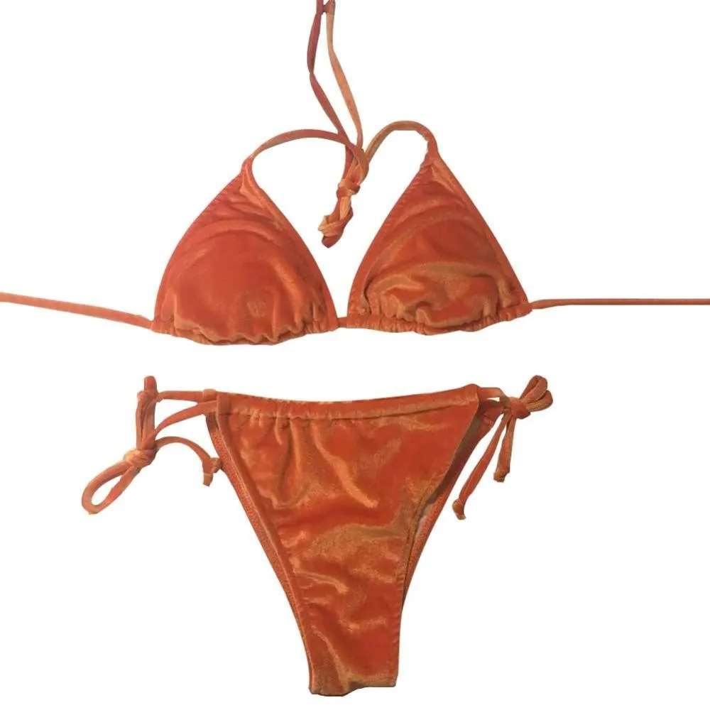 Women Velvet Thong Bikini Sets Blue Red Orange  Swimwear Swimsuit Brazilian Beach Wear Bathing Suit High Quality 2018 New