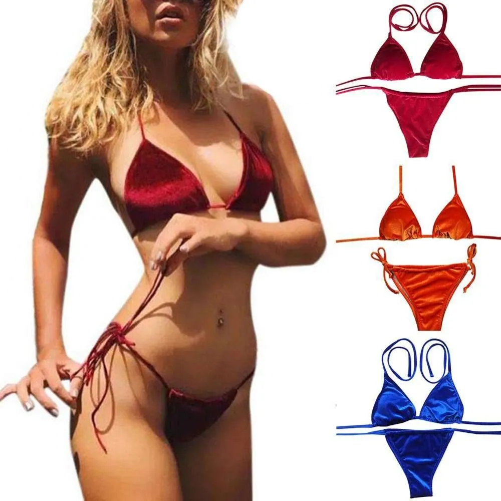 Women Velvet Thong Bikini Sets Blue Red Orange  Swimwear Swimsuit Brazilian Beach Wear Bathing Suit High Quality 2018 New