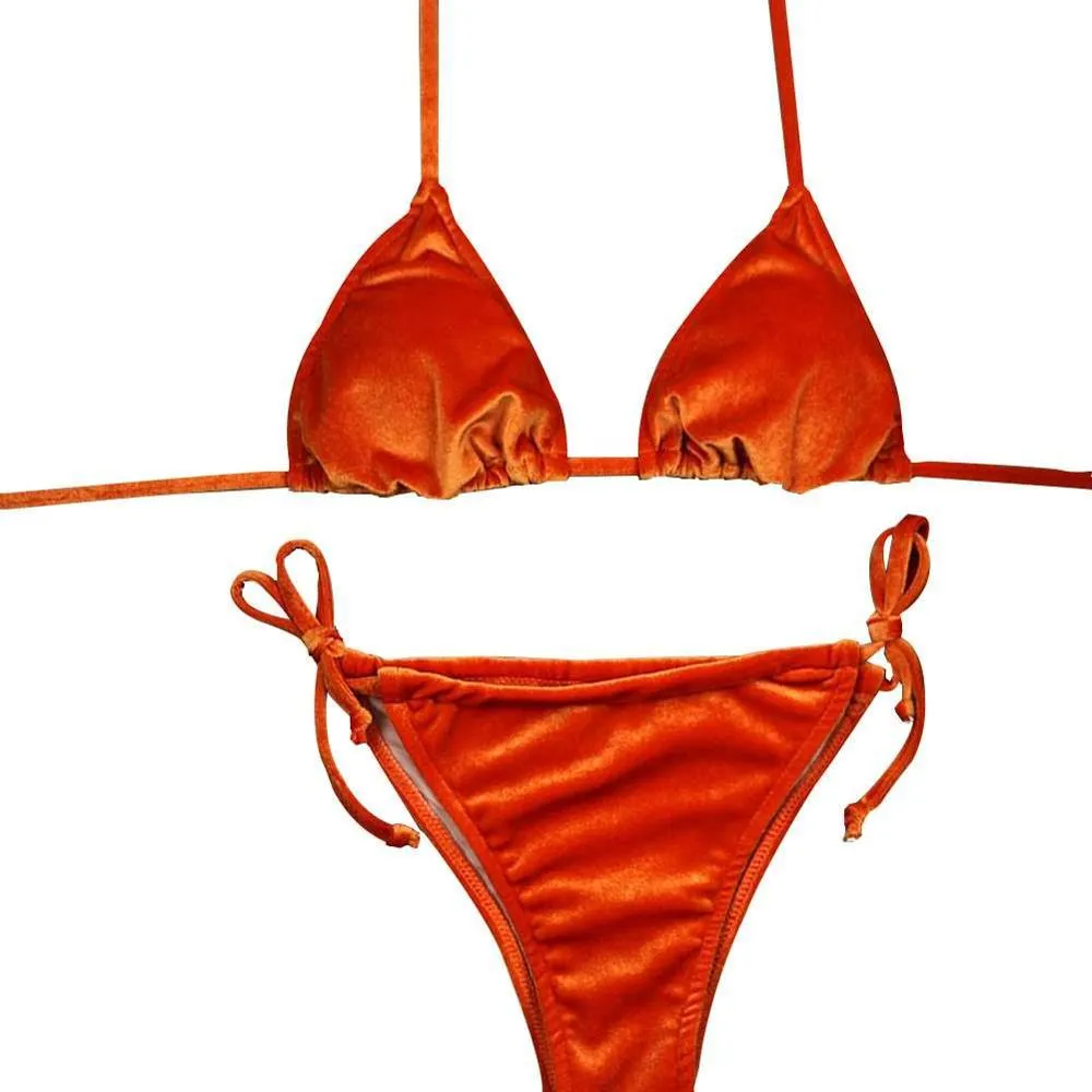 Women Velvet Thong Bikini Sets Blue Red Orange  Swimwear Swimsuit Brazilian Beach Wear Bathing Suit High Quality 2018 New