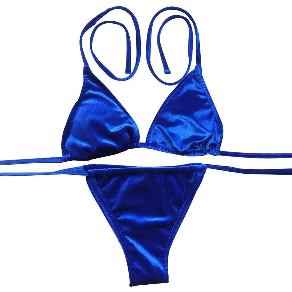 Women Velvet Thong Bikini Sets Blue Red Orange  Swimwear Swimsuit Brazilian Beach Wear Bathing Suit High Quality 2018 New