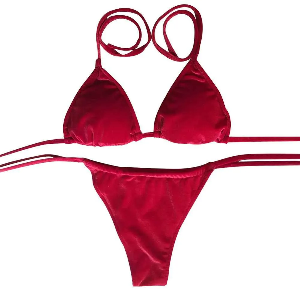 Women Velvet Thong Bikini Sets Blue Red Orange  Swimwear Swimsuit Brazilian Beach Wear Bathing Suit High Quality 2018 New