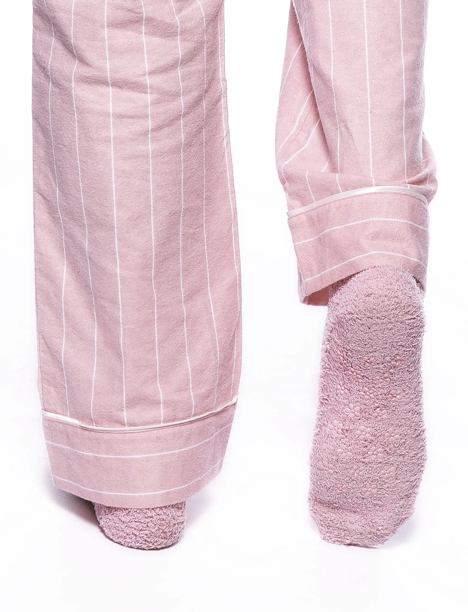 Womens Premium 100% Cotton Flannel Lounge Pants with Free Socks - Stripes Pink
