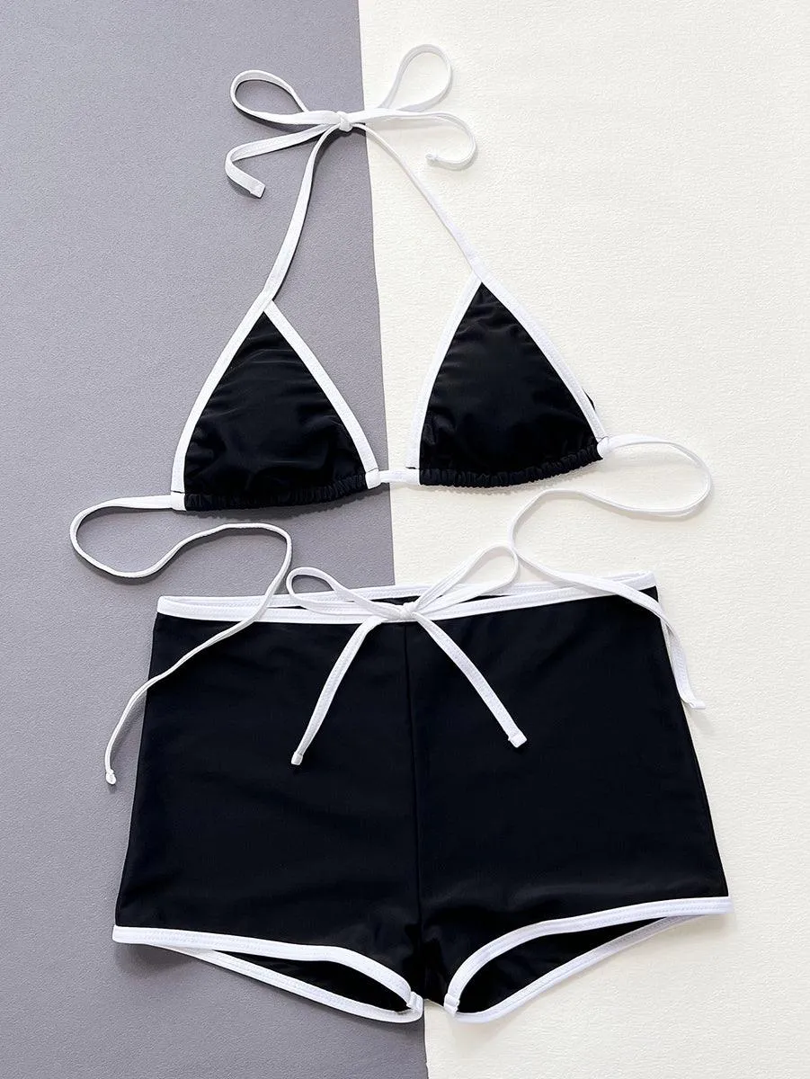 Women's Sexy Black Bikini Set | High-Waist Swim Shorts | Beach Swimwear
