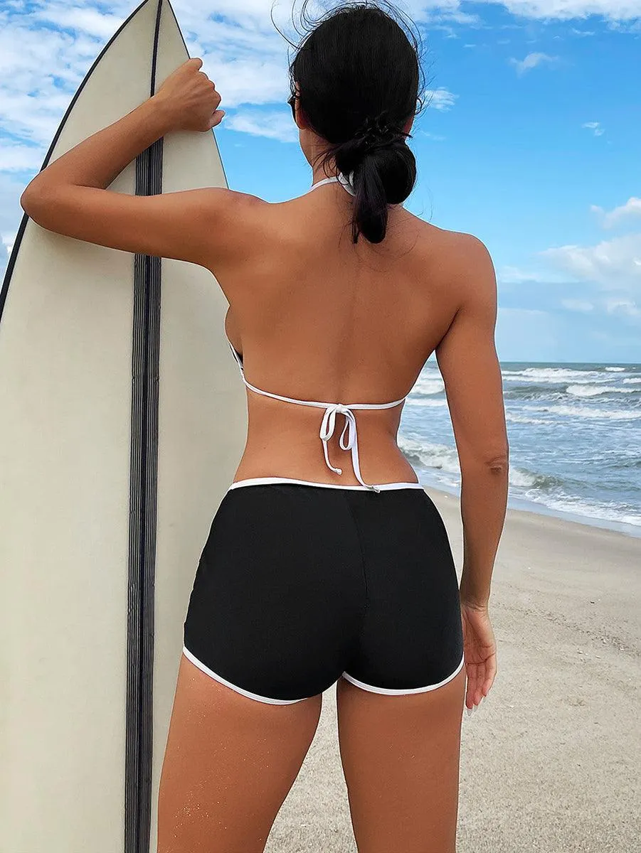 Women's Sexy Black Bikini Set | High-Waist Swim Shorts | Beach Swimwear